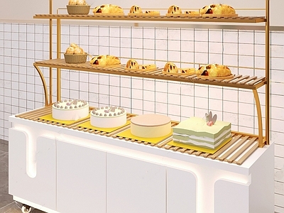 现代简约甜品面包店 蛋糕展柜陈列柜 面包甜品货架展柜 移动式货架展柜 烘焙店展示柜 白色格子小方砖