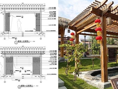 新中式廊架 廊架 廊亭花架 温泉廊亭 景观花架 景观廊架 施工图