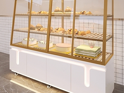 现代极简甜品面包店 蛋糕展柜陈列柜 面包甜品货架展柜 移动式货架展柜 烘焙店展示柜 白色格子小方砖
