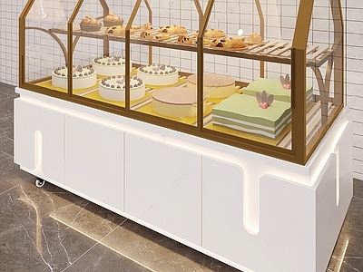 现代甜品面包店 甜品店中岛柜 烘焙店展示柜 移动式货架展柜 面包甜品货架展柜 白色格子小方砖