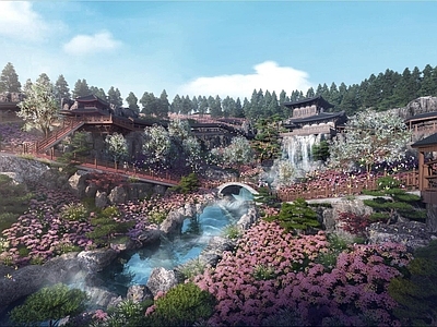中式公园 湿地公园 跌水公园 栈桥公园 山体高差公园 中式凉亭