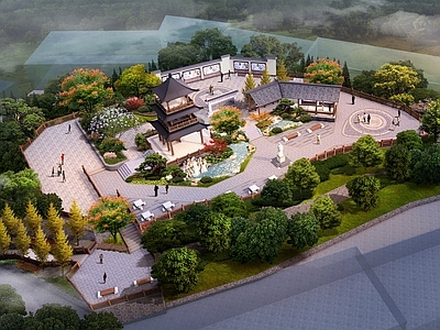 中式校园景观 校园景观 山地景观 学校公园 八角亭