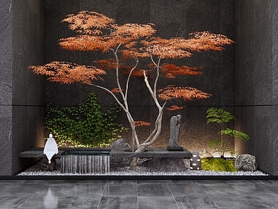新中式室内景观 跌水小品 红枫 室内水景 庭院小品 玄关造景
