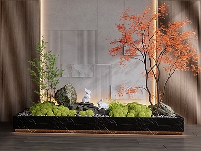 现代新中式室内景观 苔藓 植物造景 端景造景 景观石头