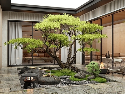 新中式庭院 别墅庭院 景观小品 水钵 汀步 景观石头