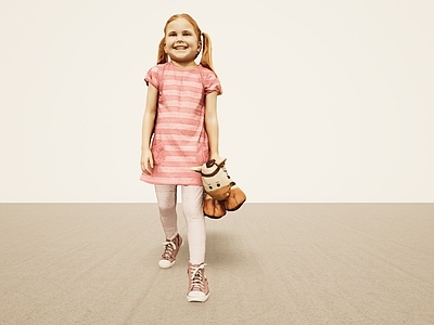 现代走姿提玩偶小女孩