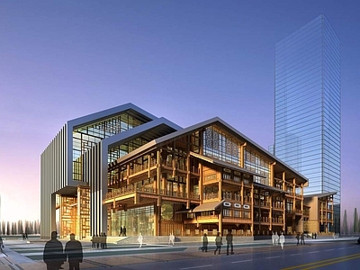 新中式图书馆外观 大剧院建筑