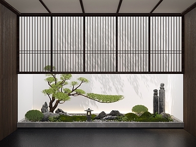 新中式禅意室内景观 景观造景 松树 庭院小品 苔藓石头 植物组合