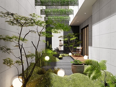 现代室内景观 天井室内景观 地下室景观造景 庭院 枫树景观树 植物组合