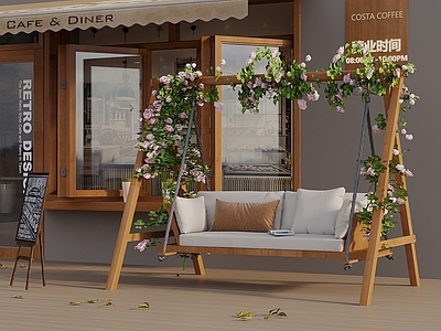 现代原木秋千椅 户外秋千椅 咖啡店网红门头 折叠窗 吊椅