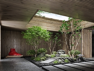 现代禅意庭院 中庭景观 天井室内景观 景观造景 景观树 植物堆