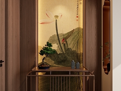 新中式中古玄关 宋式 壁画 如意隔断 线性灯 玄关