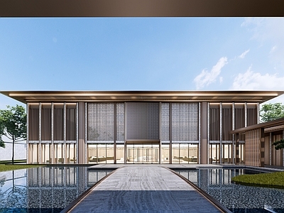 新中式中式售楼处建筑 新中式售楼处 庭院 售楼处景观 风雨连廊