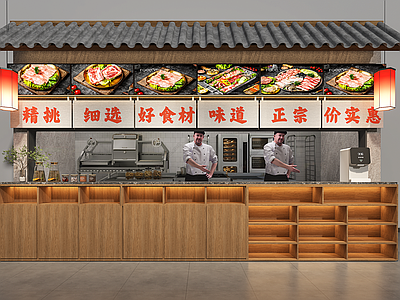 现代简约烧烤烤肉店 现代出餐口 明厨出餐口 广告灯箱 灯笼 挂布
