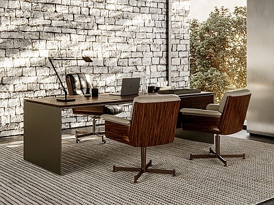 中古现代办公桌椅 MINOTTI Daiki办公椅 办公地毯 台灯 复古砖墙背景墙