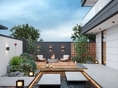 现代庭院 现代庭院景观 庭院花园 庭院小品 户外休闲椅 户外餐桌