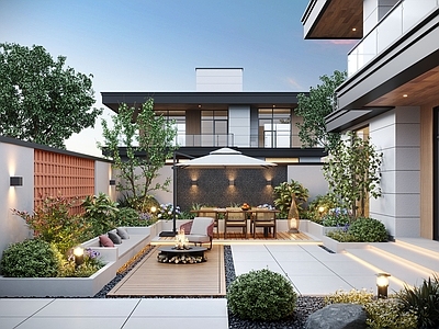 现代庭院 现代庭院景观 庭院花园 庭院小品 户外休闲椅 户外餐桌