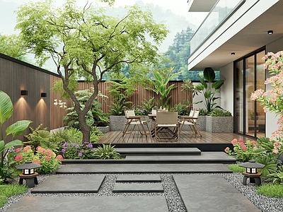 现代庭院 别墅庭院 花草 户外桌椅 植物景观 景观树