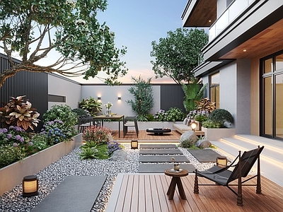 现代别墅庭院 现代庭院景观 庭院花园 庭院小品 户外休闲椅 户外餐桌
