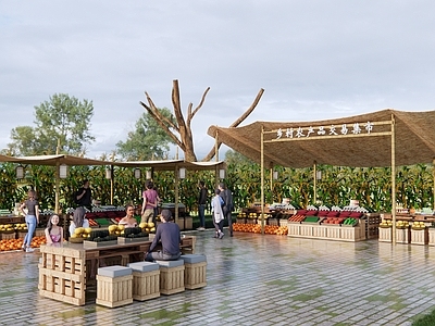 现代乡村商业街集市 农产品交易点 乡村摊位 乡村农产品交易中心 坝坝宴