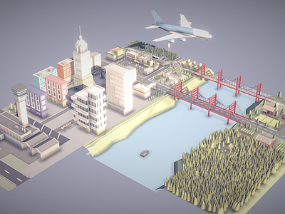 现代艺术风格建筑 低模城市森林 卡通小城市 小区住宅 城市街道 湖水大桥飞机