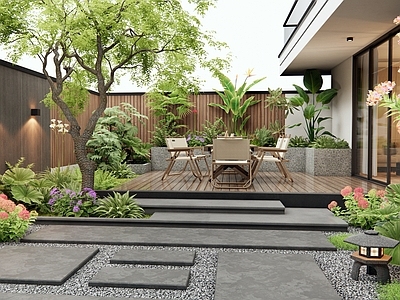 现代庭院 别墅庭院 花草 植物景观 户外桌椅 灌木