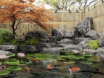 新中式水景 假山水景 荷花池 鱼池 庭院水景 叠水