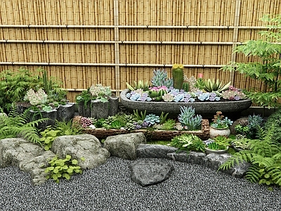 植物堆 多肉植物 灌木 植物景观 花草 竹围栏