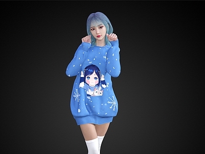 现代蓝色毛衣站姿美女