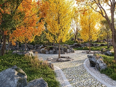 新中式中式景观公园 乡村叠石公园 微地形景观 园路景观