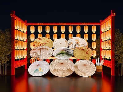 新中式其他美陈 油纸伞美陈 灯笼美陈 节日装饰美陈 商业街外摆美陈 景观装置美陈