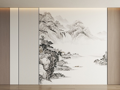 新中式背景墙 山水画护墙板 山水画屏风 新中式禅意硬包 新中式背景墙 沙发背景墙
