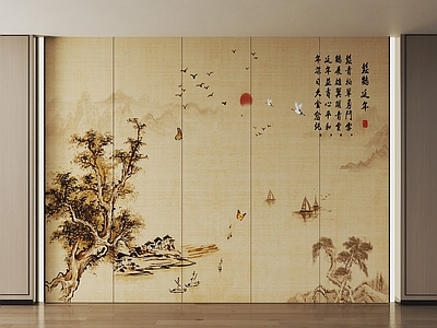 新中式护墙板 山水画护墙板 山水画屏风 新中式禅意硬包 新中式背景墙 沙发背景墙