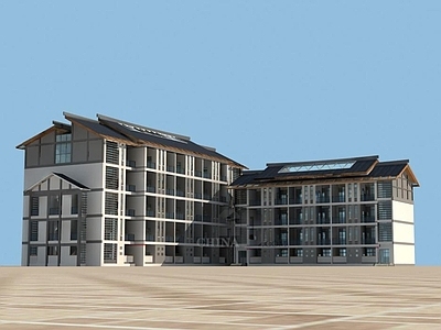 新中式其他住宅外观 L型仿古宿舍楼 公寓楼