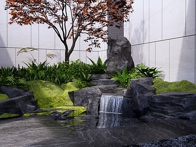 新中式日式庭院小品 天井庭院景石水景 庭院景石水景 庭院景石跌水景 自然景石溪流水景 自然景石瀑布水景
