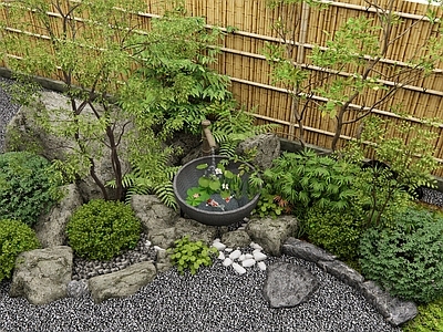日式禅意庭院小品 水钵 水景 植物景观 灌木 景观石头