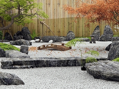 日式禅意庭院小品 枯山水 景观石头 红枫 枫树 庭院花园