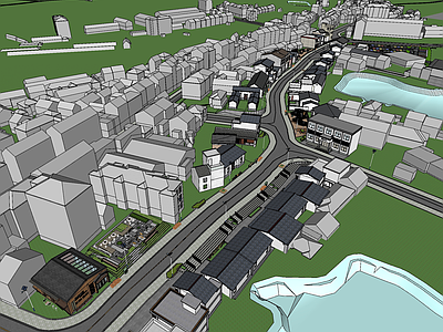 现代简约简模规划 乡村道路 沿街建筑 沿街景观节点 街角公园