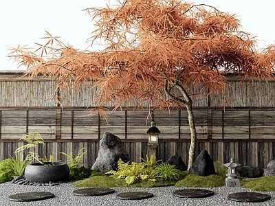日式禅意庭院小品 羽毛枫 红枫 枯山水 汀步 水钵水景