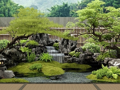 日式禅意假山水景 水景 假山 跌水 植物景观 庭院花园
