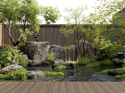 日式禅意水景 假山水景 跌水 庭院水景 植物景观 柿子树