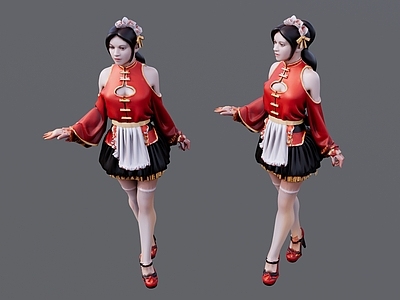 女人 红衣短裙带发卡 女孩