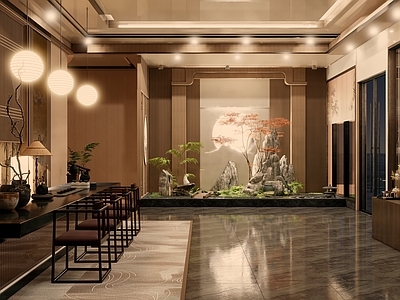 新中式中式茶馆 茶馆 茶室商品展示区 茶座 造景