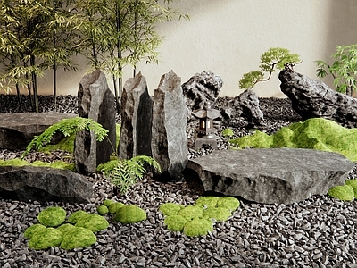 新中式石头 景观石 枯山水 庭院景观小品 苔藓 竹子
