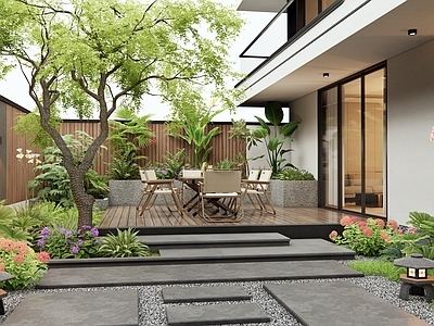 现代庭院 别墅庭院 花草组合 户外桌椅 植物景观 灌木
