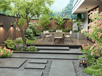 现代庭院 别墅庭院 石板 花草组合 户外桌椅 植物景观