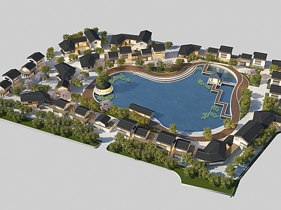 新中式古建 建筑群 中式建筑 商业街 景观湖