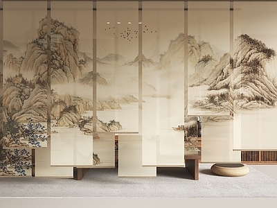 新中式窗帘 山水画纱帘 水墨画纱帘 茶室卷帘 新中式卷帘 新中式茶室