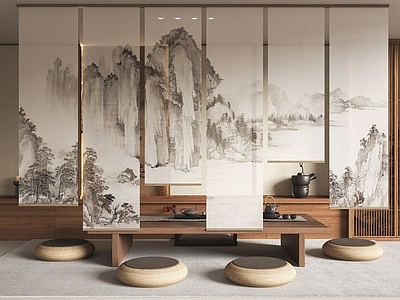 新中式窗帘 山水画纱帘 水墨画纱帘 茶室卷帘 新中式卷帘 新中式茶室
