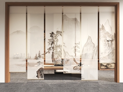 新中式窗帘 山水画纱帘 水墨画纱帘 茶室卷帘 新中式卷帘 新中式茶室